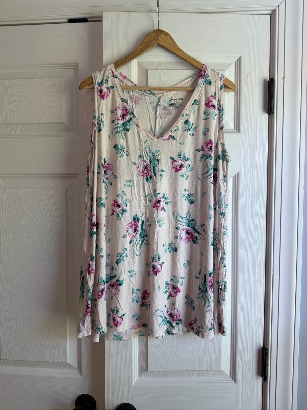 Lane Bryant Cream Floral V-Neck Tank Top with Pink Roses